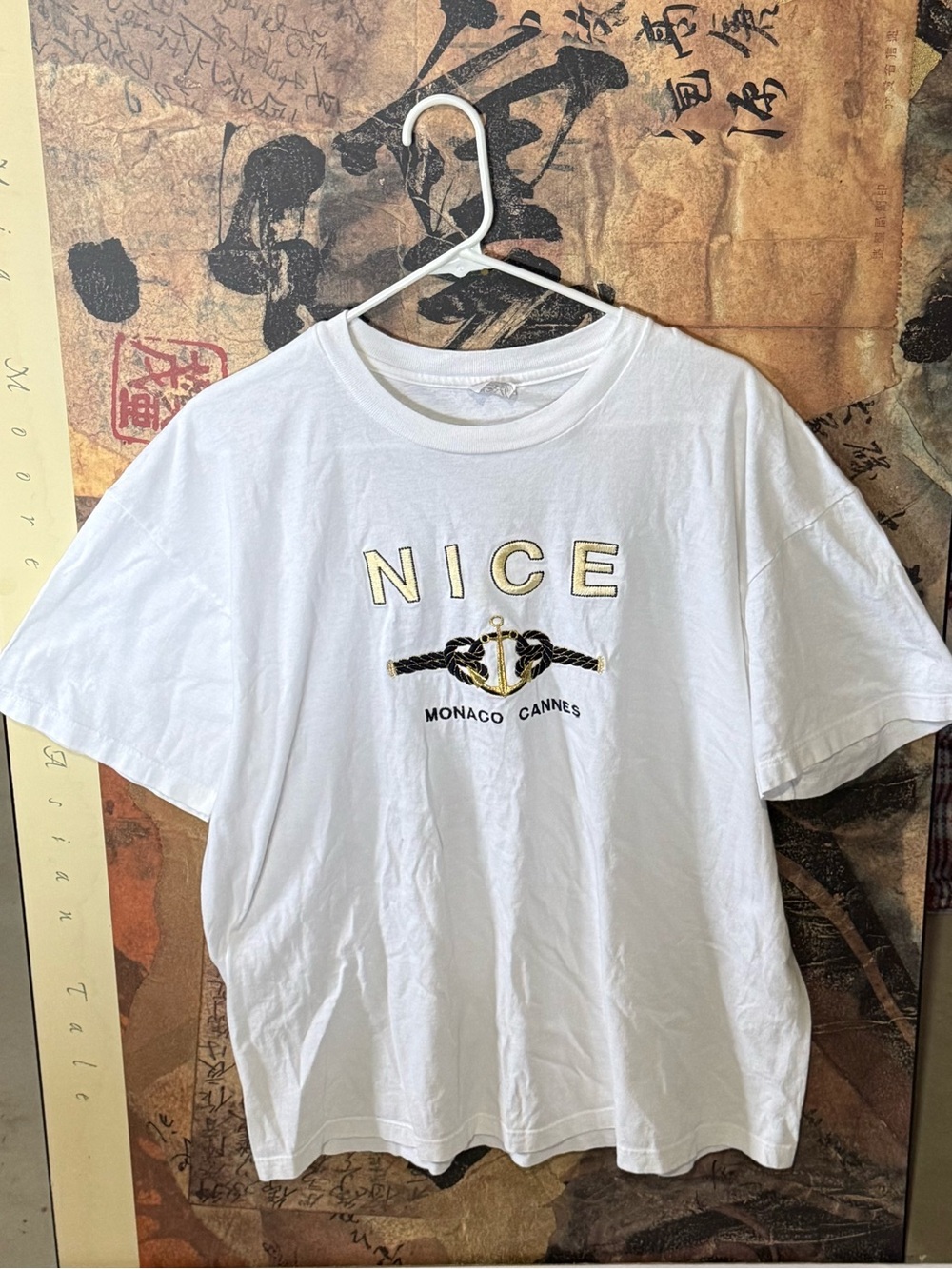 Hanes White Graphic Tee with Gold & Black Anchor Detail